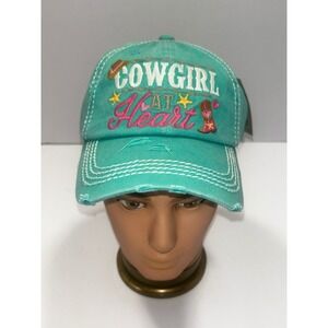 Cowgirl At Heart Turquoise Distressed Baseball Cap Embroidered Western Stars NWT
